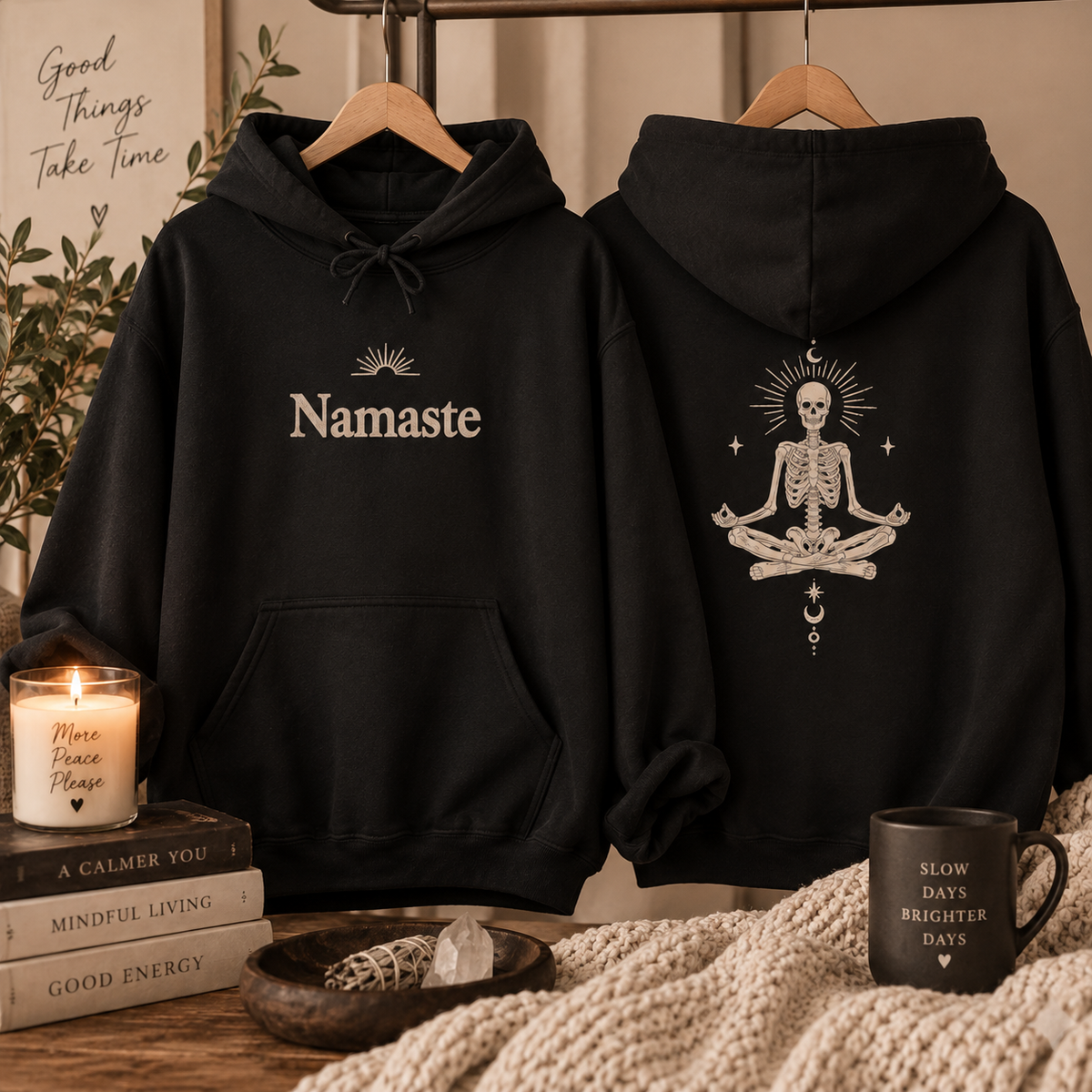 Namaste Skeleton Hoodie, Unisex Cozy Sweatshirt for Yoga Lovers, Halloween, Spiritual Gifts, Meditation Apparel