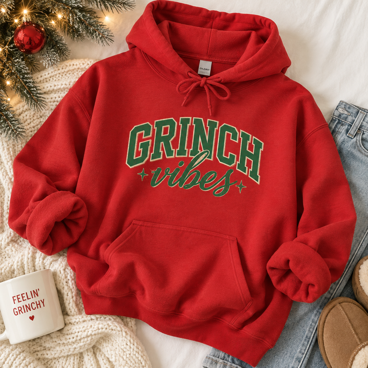 Grinch Vibes Hoodie - Cozy Sweatshirt for Holiday Spirit, Christmas Apparel, Gift for Grinch Lovers, Unisex Pullover
