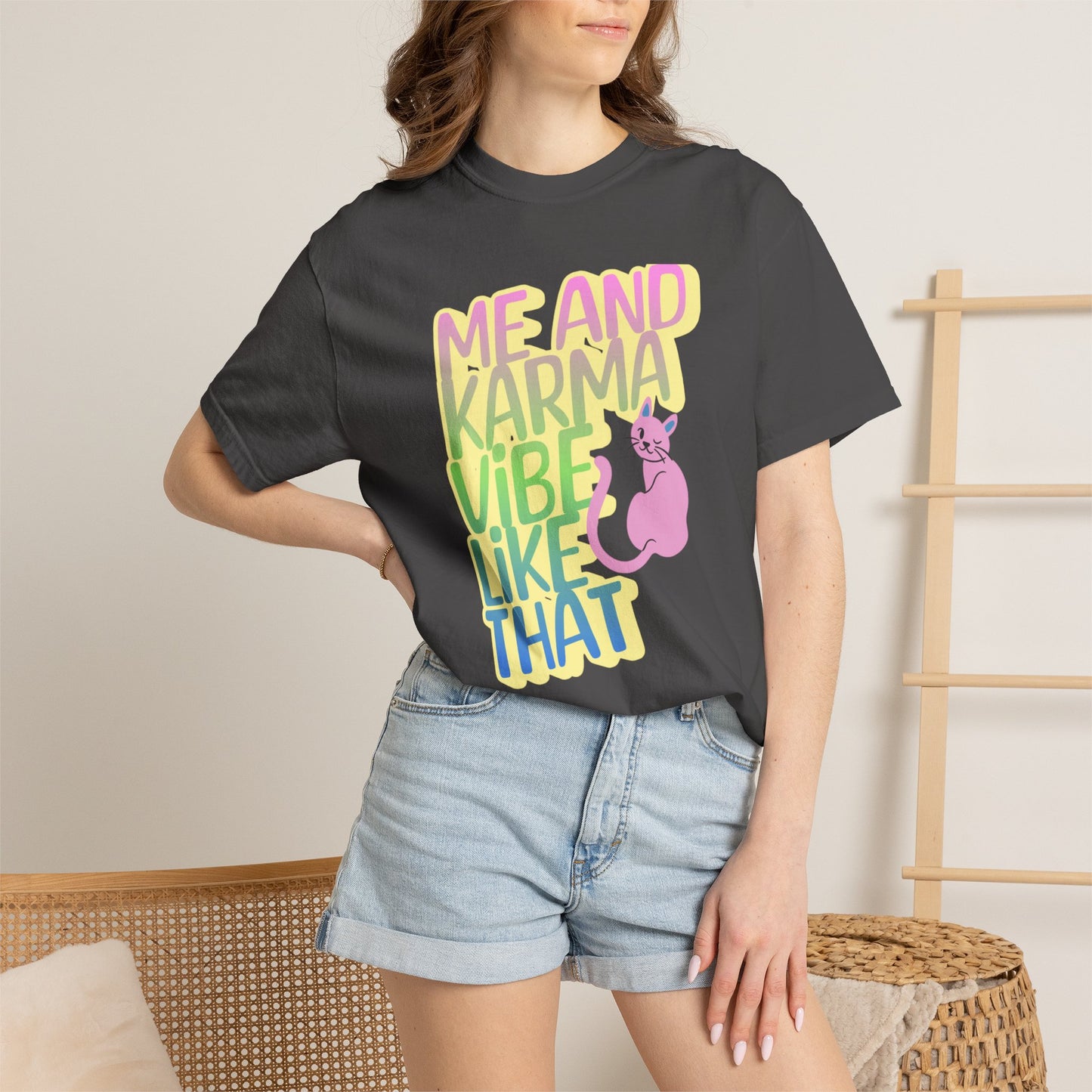 Karma Vibe T-shirt, Fun Graphic Tee, Pop Star Casual Shirt, Gift for Cat Lovers, Positive Vibes Apparel