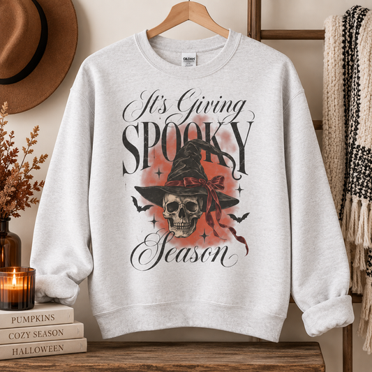 It's Giving Spooky Season Sweatshirt, Halloween Unisex Cozy Pullover, Funny Fall Apparel, Witchy Vibes, Perfect for Trick or Treating