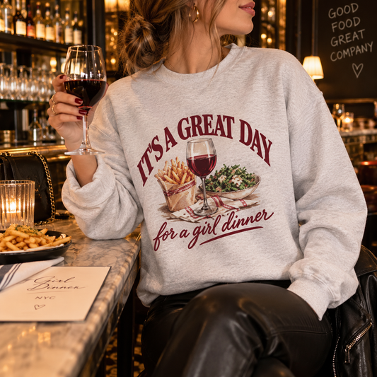 Girls Dinner French Fries Cesar Salad Red Wine Sweatshirt - Perfect for Girls Nights, Wine Lovers, Cozy Gatherings, Foodies, Valentine's Day