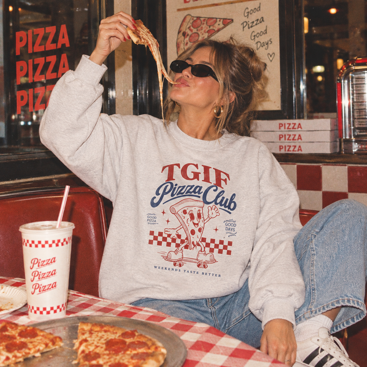 TGIF Pizza Club Sweatshirt, Cute Pizza Lover Gift, Crewneck, Relaxed Fit, Skate Style, Cozy Top, Perfect for Casual Outings
