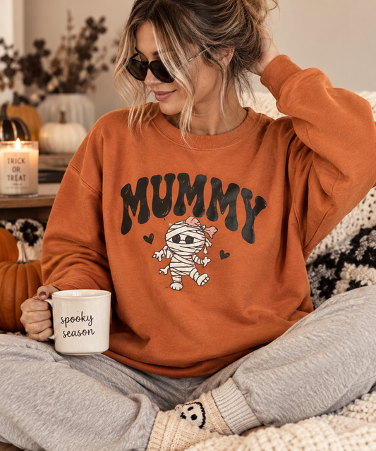 Mummy Mom Crewneck Sweatshirt — Cute Pink Bow Halloween Mummy Tee