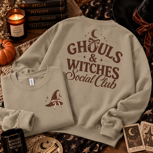 Ghouls & Witches Social Club Sweatshirt - Halloween Crewneck, Spooky Season Apparel, Cozy Fall Fashion, Witchy Wardrobe