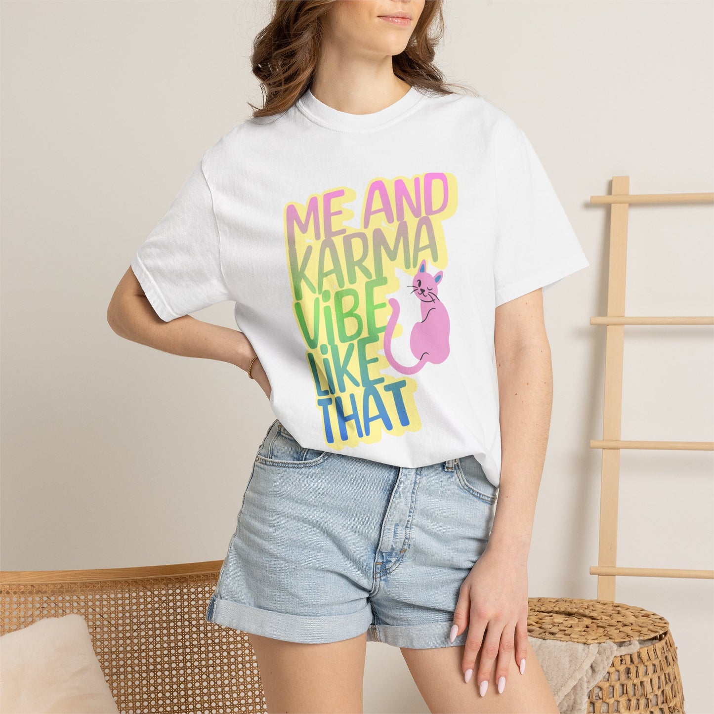 Karma Vibe T-shirt, Fun Graphic Tee, Pop Star Casual Shirt, Gift for Cat Lovers, Positive Vibes Apparel